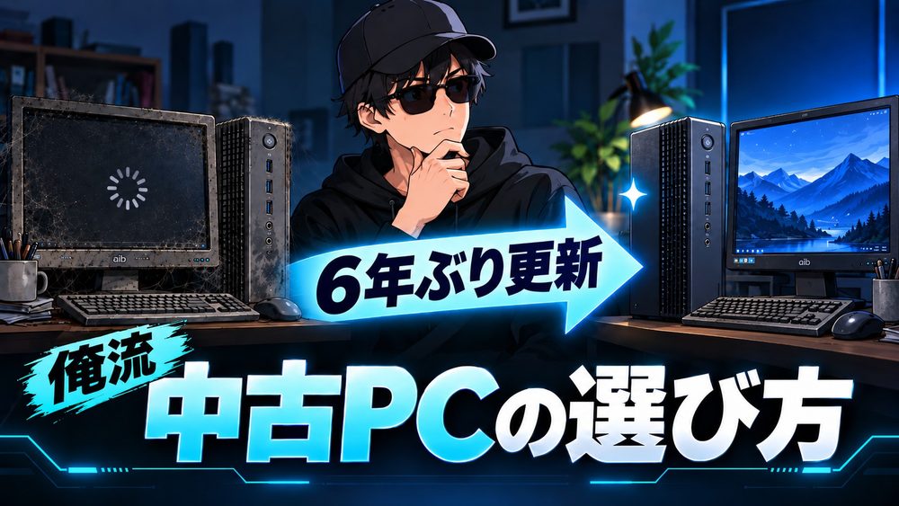 中古PCの選び方と6年使った旧PCからサブPCへ買い替える流れを表したイラスト