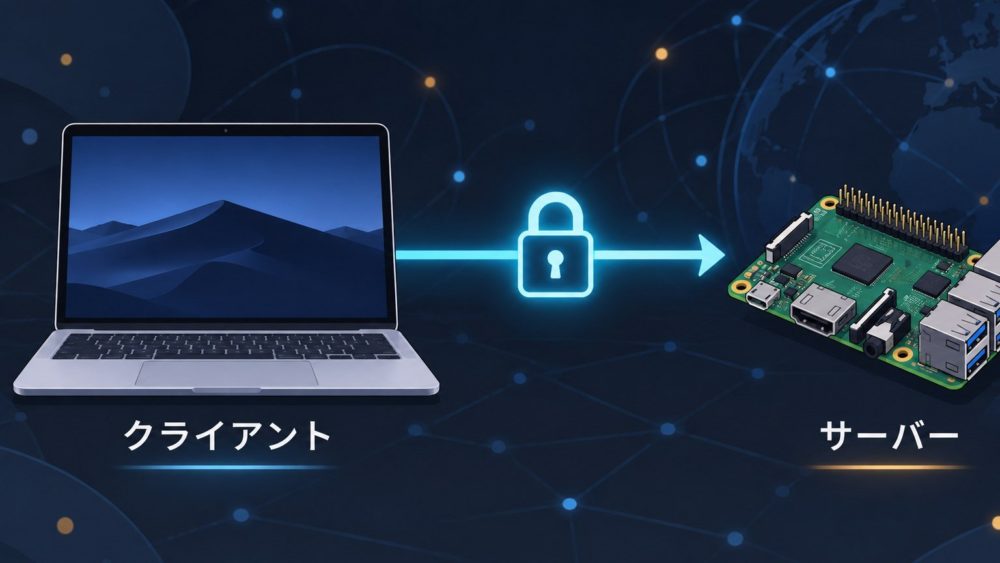 SSHクライアントのノートパソコンからSSHサーバーの小型コンピューターへ接続する図