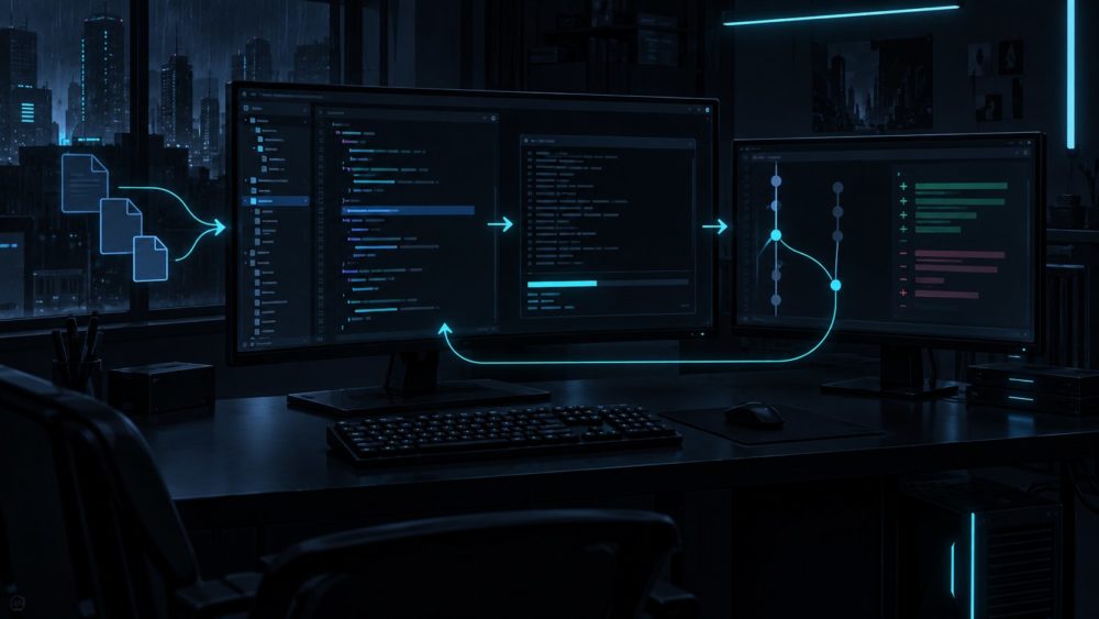 コード編集、ファイル一覧、ターミナル、Gitの作業を行う開発者