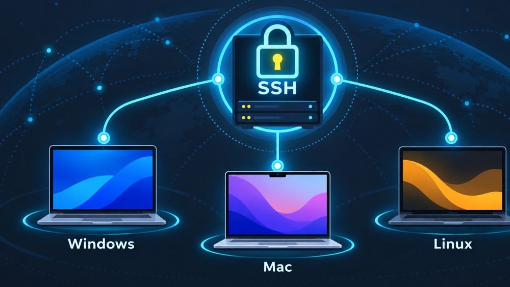 Windows、Mac、Linuxの各パソコンがSSHへ接続できることを示す図