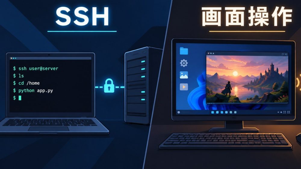 文字のコマンドで操作するSSHと画面を転送して操作するリモートデスクトップの比較