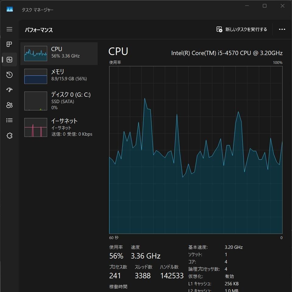 通常使用時にCPU使用率56パーセントを示す旧PCのタスクマネージャー