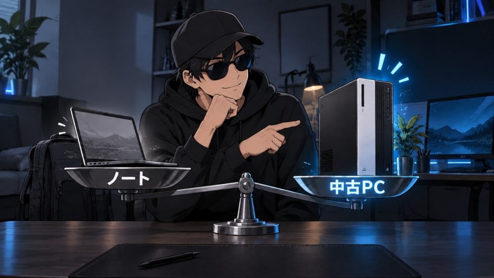 ノートPCと中古法人デスクトップを比較するイラスト