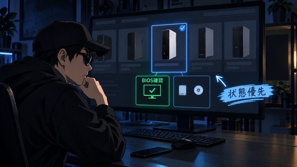 中古PCでBIOS起動確認と状態説明を重視するイラスト