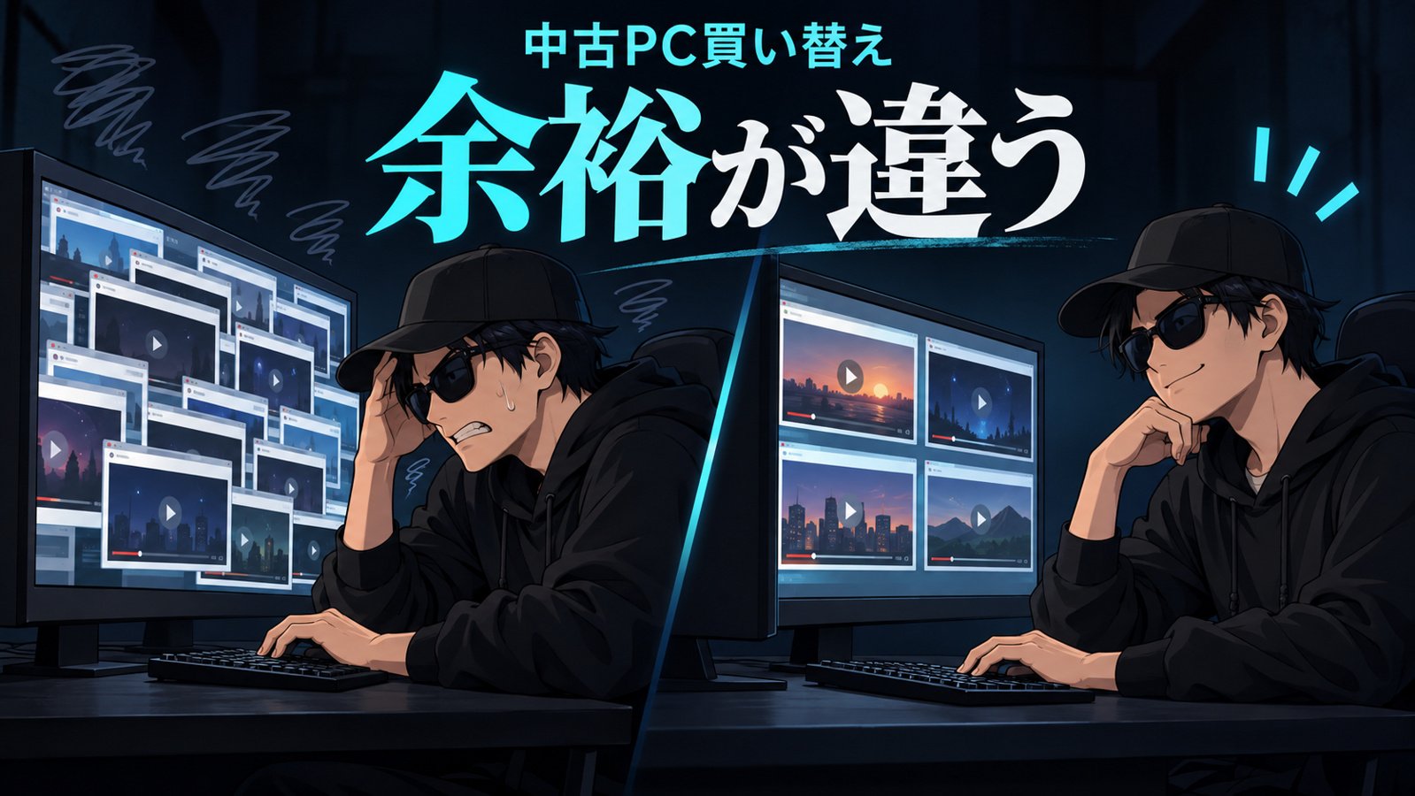 動画タブが重なる旧環境と、落ち着いて操作できる新環境を対比したイラスト