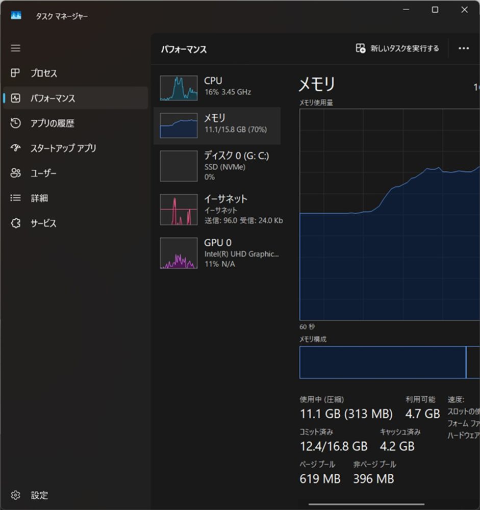 新PCのタスクマネージャーのメモリ画面で左側CPU欄に16パーセントと表示