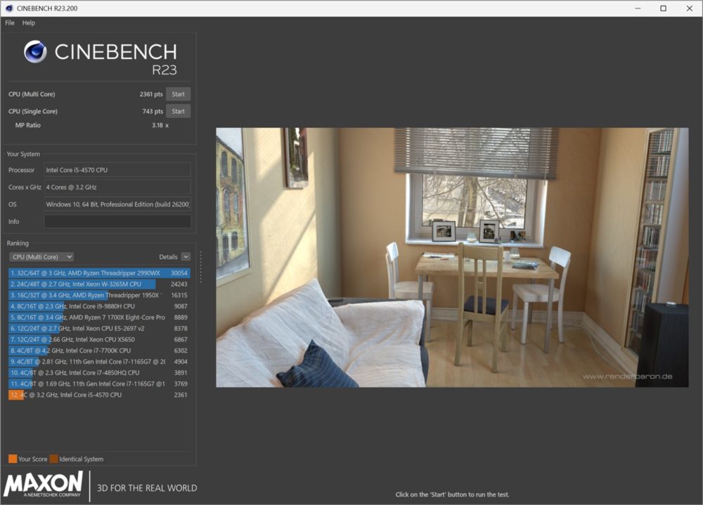旧PCのCinebench R23結果でマルチ2361・シングル743と表示