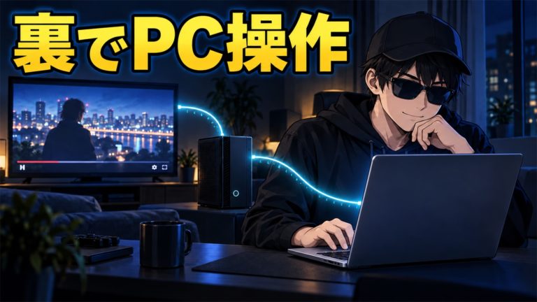 テレビで動画を流したままMacBookからWindowsの仮想画面を操作するイラスト