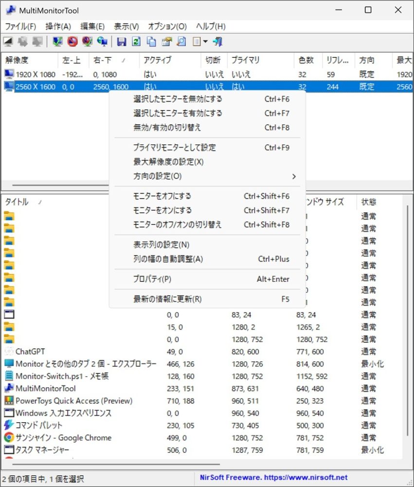 MultiMonitorToolで2560×1600のVDDがアクティブかつプライマリになっている画面