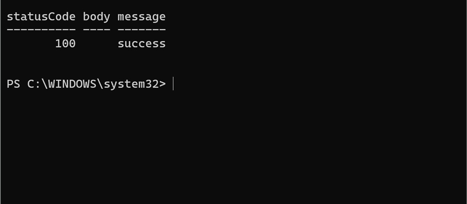 SwitchBot APIの実行結果としてstatusCode 100とsuccessが表示された画面