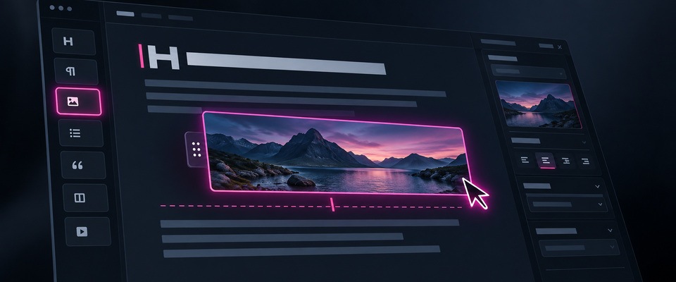 Web記事の見出し・文章・画像ブロックと、画像の配置を編集するカーソル