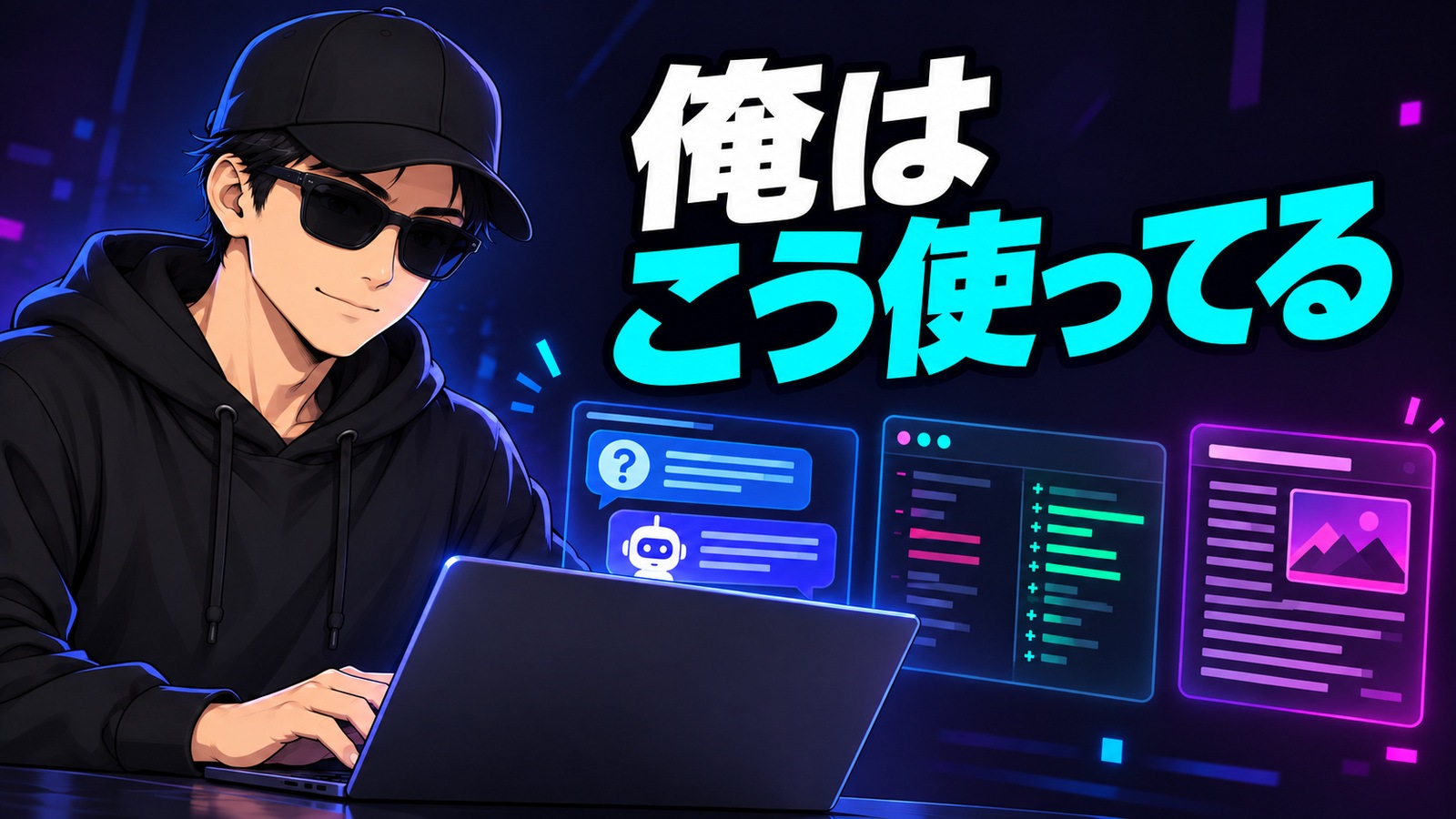 黒キャップとサングラスの男性がPCで作業する。大きな「俺はこう使ってる」の文字と、会話・コード修正・記事編集の画面