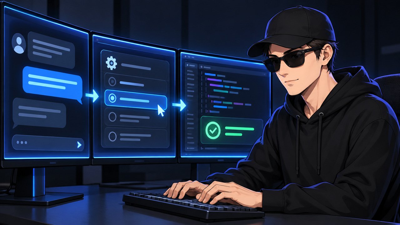 黒キャップとサングラスの男性が、会話・画面確認・コード修正をつなぐ画面でPC作業をする