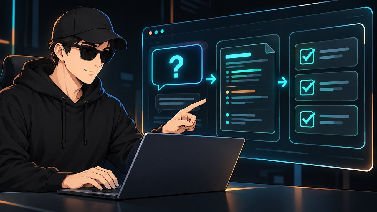 黒キャップとサングラスの男性が、質問・情報整理・実作業の範囲をPC画面で選ぶ