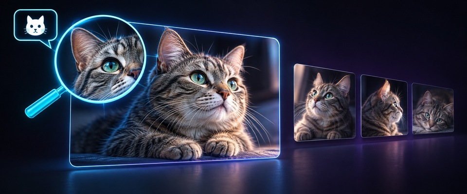 猫という条件から、保存写真の一枚を大きく選んで探すイメージ