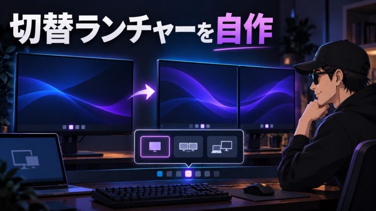 タスクバーのランチャーで1画面から2画面へ切り替える様子を、画面を確認する筆者とともに描いたイラスト