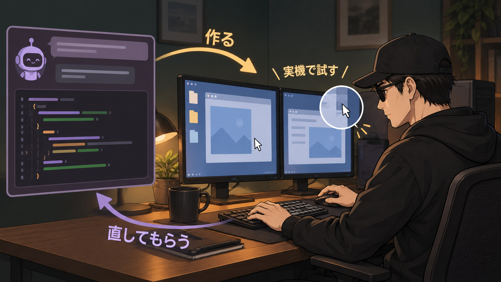 AIのコード制作画面と、2台のモニターを見ながらWindows PCを操作する筆者。作る、実機で試す、直してもらうという往復を示したイラスト