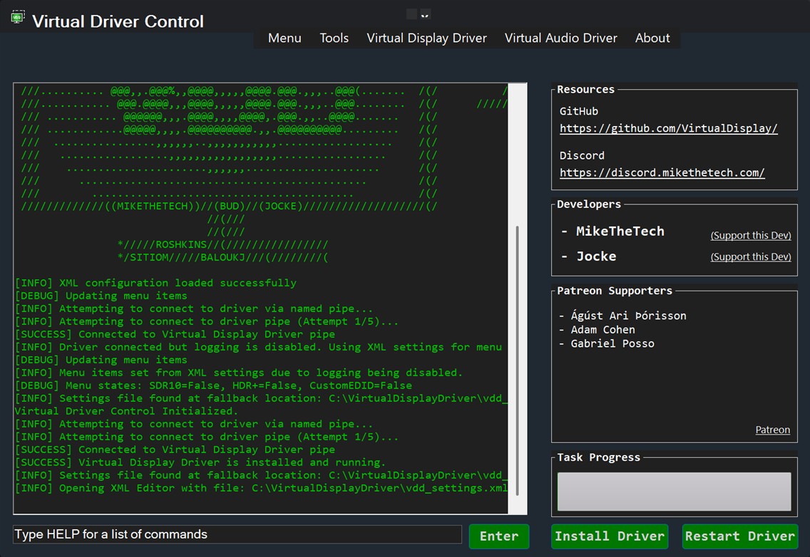 Virtual Driver Control全体。タイトル、ドライバーの稼働ログ、下部の操作ボタンが表示されている