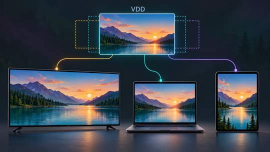 中央のVDD仮想画面からテレビ、ノートPC、縦長タブレットへつながる概念図。同じ夕景を端末ごとの画面比率に合わせて表示している
