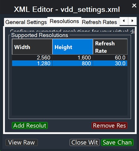 Virtual Display DriverのXML Editor全体。解像度欄に2560×1600と1280×800が表示されている