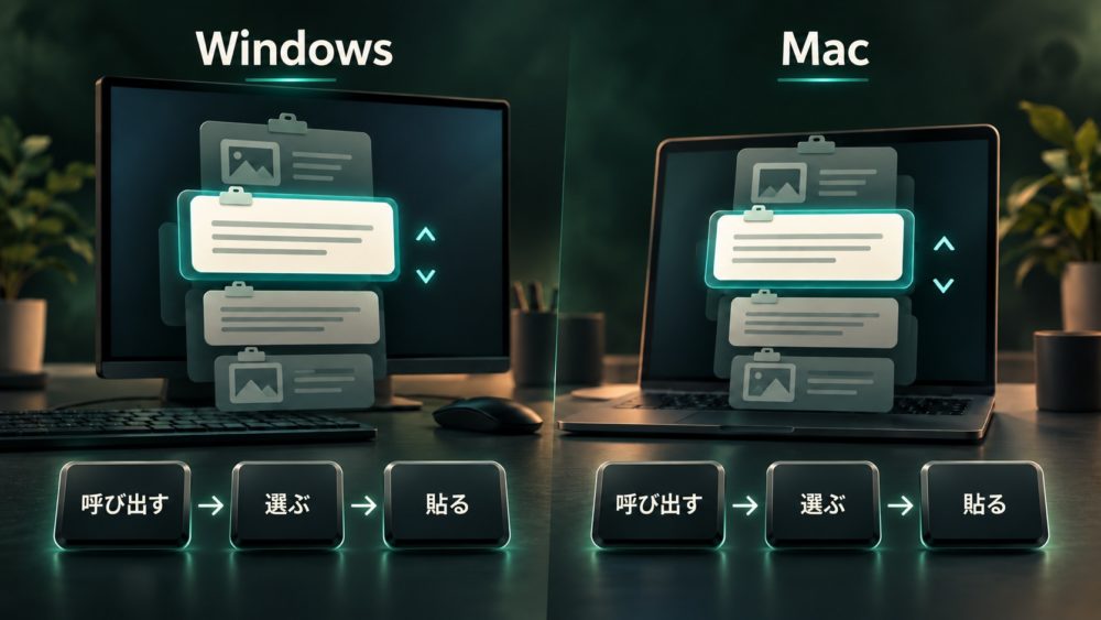 WindowsとMacの別々の画面で、コピー履歴を呼び出す、選ぶ、貼る流れを並べたイラスト