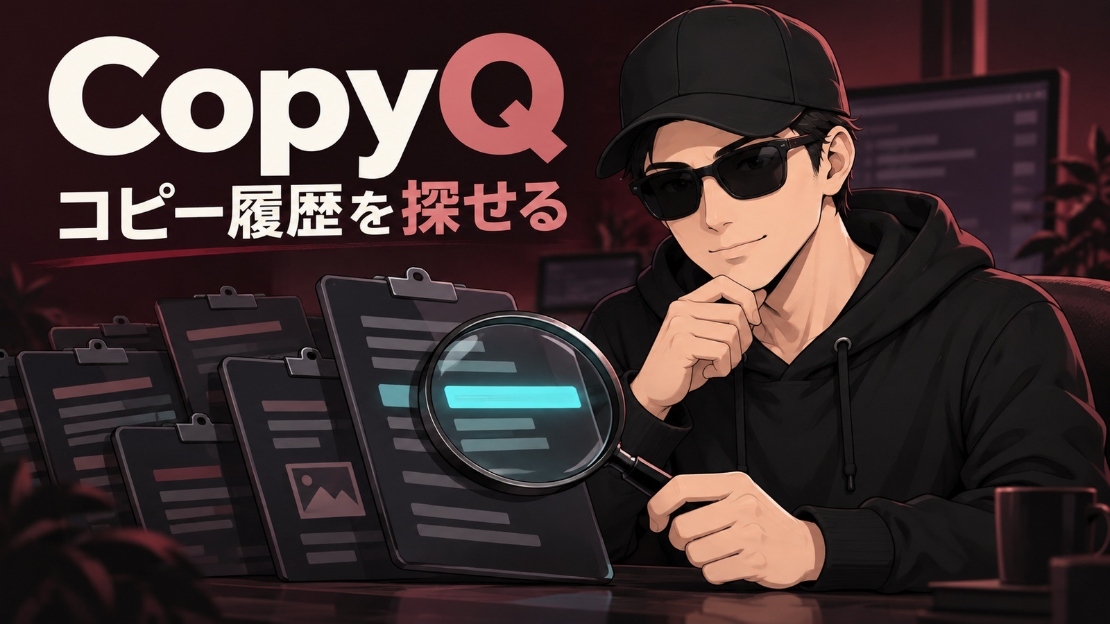 黒い帽子とサングラスの男性が虫眼鏡で履歴カードを探すイラスト。CopyQ、コピー履歴を探せるの文字