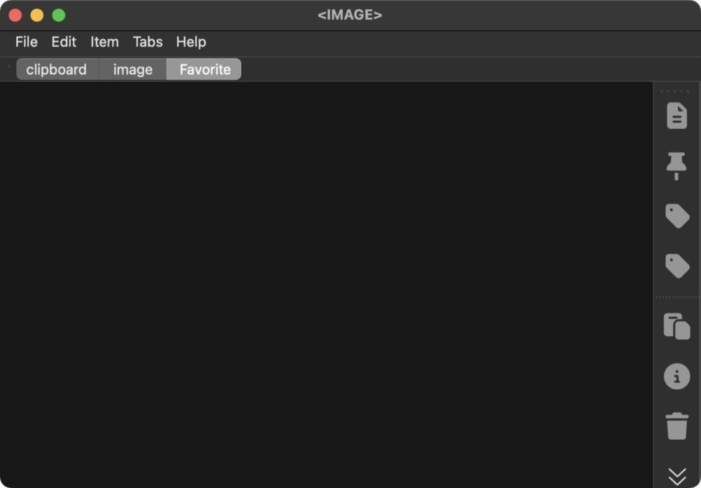 MacのCopyQでclipboard、image、Favoriteタブが並び、空のFavoriteタブを選んだ設定時の画面