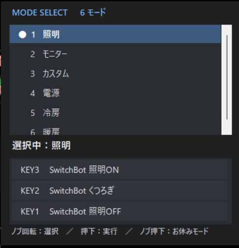 MacroKeyControllerの照明・モニター・カスタム・電源・冷房・暖房の6モード一覧と選択中のキー割り当て