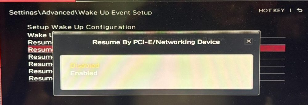 MSI BIOSのResume By PCI-E/Networking DeviceのDisabledとEnabledの選択肢