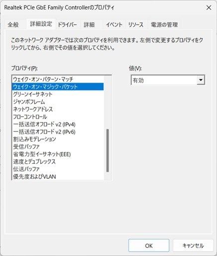 別PCのRealtek詳細設定でウェイク・オン・マジック・パケットが有効の参考画面