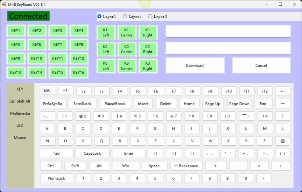 MINI KeyBoard V02.1.1の設定画面。Connected、Layer1、キーとノブの割り当て欄