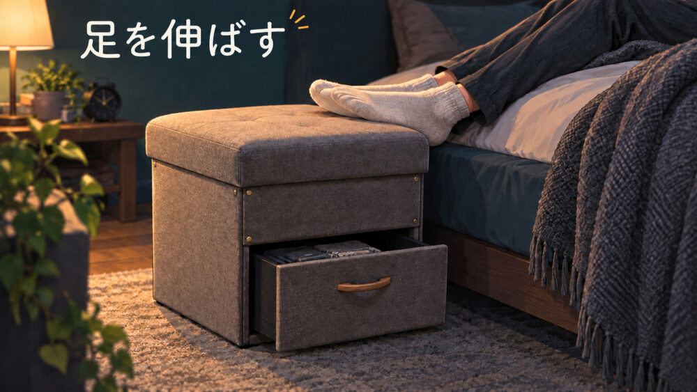 角形収納スツールに足を置きベッド横でくつろぐ、実物写真参照のAI使用イメージ