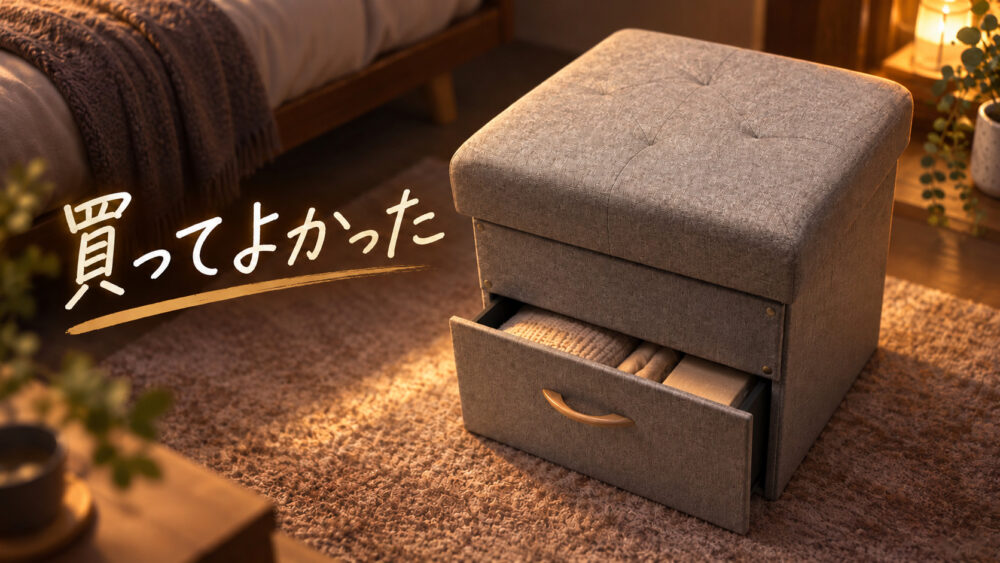 実物写真を参考に引き出し付きの角形収納スツールを描いた、購入後の満足感を伝えるAIイラスト
