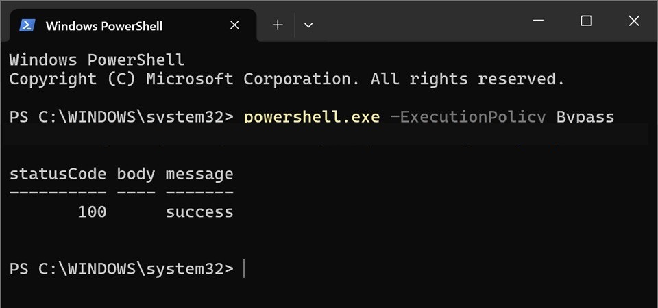 tv-input.ps1実行後にstatusCode 100とmessage successが表示されたPowerShell。個人パスはマスク済み。