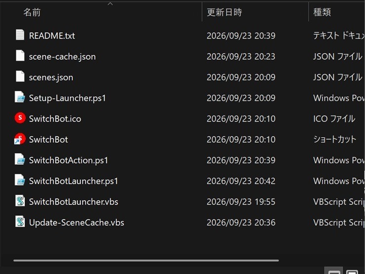 旧ランチャーフォルダーにscene-cache.json、scenes.json、SwitchBotAction.ps1、SwitchBotLauncher.ps1、VBS、アイコンが並ぶ。